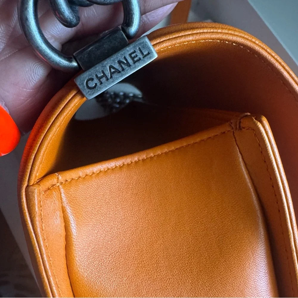CHANEL Orange Quilted Leather Boy Crossbody Shoulder Boy Bag (Brand New)
